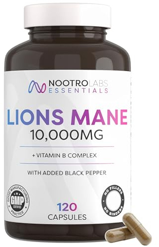 Nootro Essentials Lion's Mane Capsules, High Strength 10,000mg | With Vitamin B Complex, Support Focus and Cognitive Function, 60 Servings - 2 Month Supply