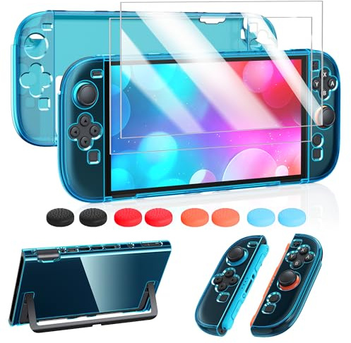 Kit Coque et Protection Écran pour Nintendo Switch 2, Bleu Transparent | (Non pour Switch 1/OLED) FYOUNG Kit Accessoires 3-en-1, Coque Rigide PC, Protection Écran, Capuchons Joystick pour Switch 2