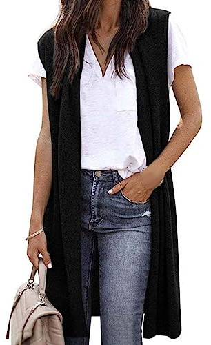 Chaleco largo de punto para mujer, chaleco ligero sin mangas, elegante, fino, frente abierto, sin mangas, abrigo de punto, cárdigan largo, cárdigan de punto, cárdigan de punto liso, abrigo
