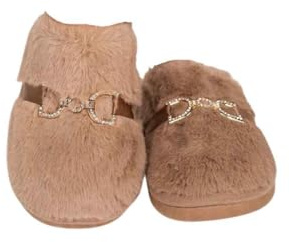 iKrush Women's Faux Fur Slippers Grey Slip-on with Gold Chain Detail Loungewear Style