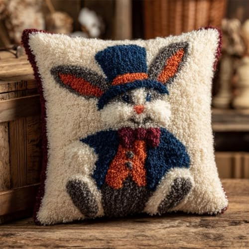 ZUHK Latch Hook Kits for Adults/3D DIY Pre-Printed Craft Latch Hook Pillow Kits fit for Throw Pillow Cover Sofa Cushion Cover,17x17 in (Rabbit B)