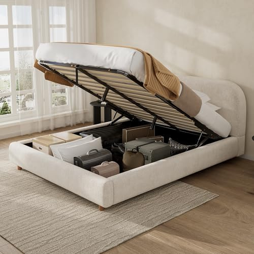 ModernLuxe 4FT6 Ottoman Storage Bed Frame Lift-Up Platform Bed Boucle Upholstered Double Bed,135x190cm,Round Arched Headboard, Warm White (NO Mattress)