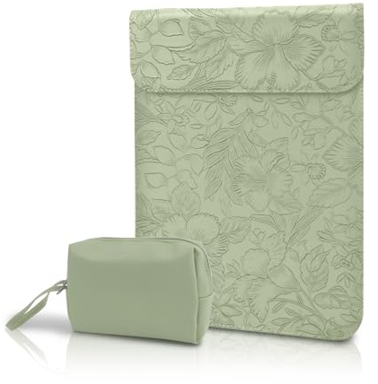 Hinnwer 13,3-14 Zoll Laptoptasche Hülle, Geprägte Blumen Leder Laptop Sleeve Case mit Tasche für MacBook Pro 14/13, MacBook Air 13/13.6, iPad Surface Acer Asus Dell Lenovo HP - Grün
