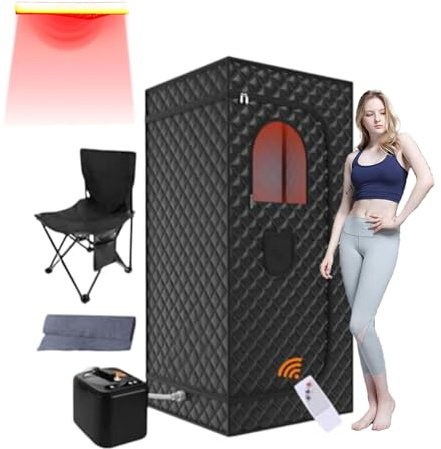 infrarot sauna Mit Infrarot-LED-Licht infrared sauna mit 1000-W-Dampfgarer (3L) 9-stufige Temperaturregelung & Fernbedienung mit Klappstuhl, für drinnen und draußen,InfraredLEDLight