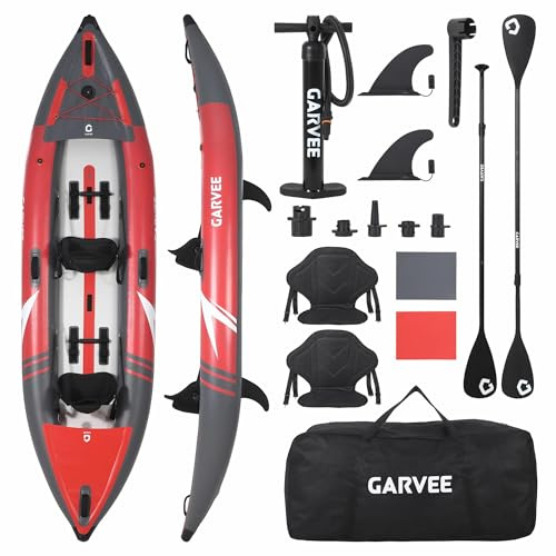 2-Personen Aufblasbares Kajak Für Erwachsene, Angel- & Touring-Kajak Mit Gepolsterten Sitzen, 3 Finnen, Handpumpe, Tragetasche & Reparaturset, 12,5 ft, 450 Lbs Tragfähigkeit