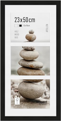 accent by nielsen Bilderrahmen mit Passepartout, 23 x 50 cm, Holz, Schwarz, Collage mit 3 Bildern zum Aufhängen im Hoch- & Querformat, Echtglas, Apollon