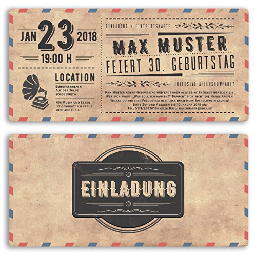 gestaltenlassen.com (60 x) Einladungskarten Geburtstag Vintage Ticket Retro alt Look Karte Einladungen