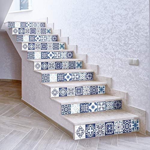 Stickers adhésifs escalier carrelages | Sticker Autocollant contremarche Carreaux de ciment – Stickers contremarche carrelages | Escalier carreaux de ciment adhésif - azulejos – 15 x 105 cm - 6 bandes