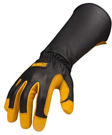 DEWALT Premium Leather Welding Gloves, Fire/Heat Resistant, Gauntlet-Style Cuff, Elastic Wrist, Medium