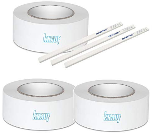 DEWEPRO 3 St. KNAUF® Kurt Fugendeckstreifen - 75m Rolle - reißfester Papier-Bewehrungsstreifen zur Verspachtelung von Gipskartonplatten und Gipsfaserplatten - im Set inkl. 3 St Zimmermannsbleistift
