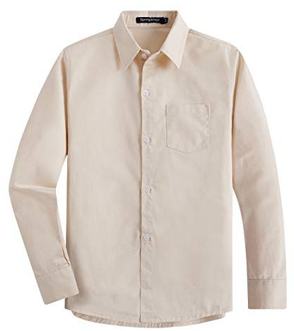 Spring&Gege Jungen Einfarbig Hemden Freizeit Baumwoll Klassisch Schuluniform für Kinder,Beige,13-14 Jahre