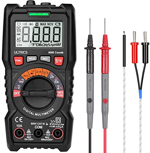 ULTRICS Digital Multimeter, Auto-range Voltmeter Durchgangsprüfer strommessgerät Amperemeter Ohmmeter TRMS 6000 Counts, Spannungsprüfer mit Leitungen, LCD Messe OHM AC/DC Widerstand Kontinuität Diode