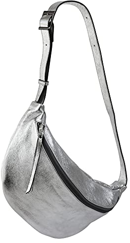 SH Leder echt Leder Damen Unisex Brusttasche für Festival Reise mittelgross Hüfttasche Crossbody Bag Frauen Ledertasche 37x21cm Fania G697 (Silber)