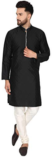 SKAVIJ Men's Brocade Art Silk Woven Design Kurta Pajama Set Checked Pattern Festive Party Dress (KP038black_Black_S)