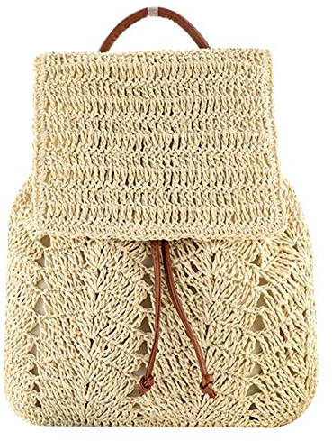 Sherry Fashion Stroh Rucksack für Frauen Kordelzug Schultertasche Bohemian Strand Handtaschen