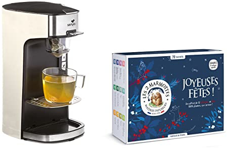 Senya SYPK-011C Set Machine à thé, théière électrique Creme Tea Time & Le Coffret Découverte Comprenant 72 sachets-Les 2 Marmottes, Plastique, 550 milliliters, Noire, Crème