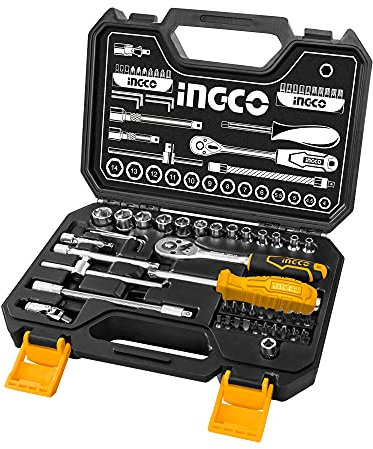 Ingco 1/4 '' 45 PCS Jeu de douilles Jeu d'outils de clé à cliquet à dégagement rapide,Convient aux réparations mécaniques, à l'entretien des véhicules, à l'usage domestique et au bricolage,HKTS14451