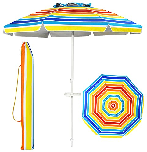 GOPLUS Strandschirm, Sonnenschirm um 30° knickbar, Gartenschirm UV 50+, Tischschirm mit Bodenhülse, Marktschirm Terrassenschirm, inkl. Schutzhülle, 8 Rippen Fiberglas (Bunt, 200cm)