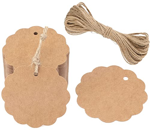 G2PLUS 6CM Rund Kraftpapier Anhänger, 50Stk. Braun Etiketten Tags, 300g/m² Geschenkanhänger Anhänger Etiketten mit Schnur für Geschenkverpackungen und Kunsthandwerk