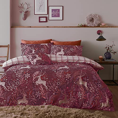Happy Linen Company Girls Boys Kids Winter Stags Red Double Reversible Duvet Cover Bedding Set