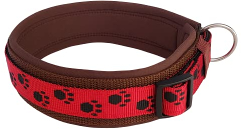BUDDYPACK | Pfötchen-Hundehalsband Extra-Breit mit Neopren gepolstert | Größe XXS-3XL (4-6 cm breit) | Verstellbar (S (38-43 cm), Schwarz-Rot auf Braun)