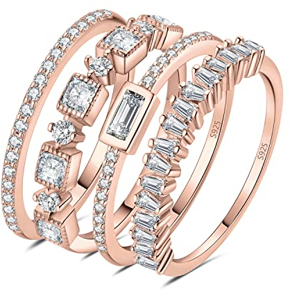 JewelryPalace Vintage Prinzessschliff Zirkonia Band Ring Damen, Hochzeitsringe Silber 925 Trauringe Eheringe für Frauen, Vorsteckring Stapelring Eternity Ring Schmal, Ringe Set Schmuck Rosegold 67