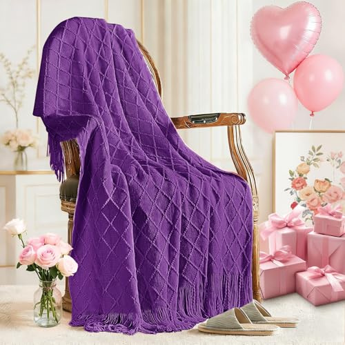 inhand Purple Knitted Throw Blanket for Couch Bed, Mothers Day/Mom Birthday Gifts for Mom from Daughter Son, Soft Lightweight with Tassels, Farmhouse Warm Decorative Blanket for Women, 60x80