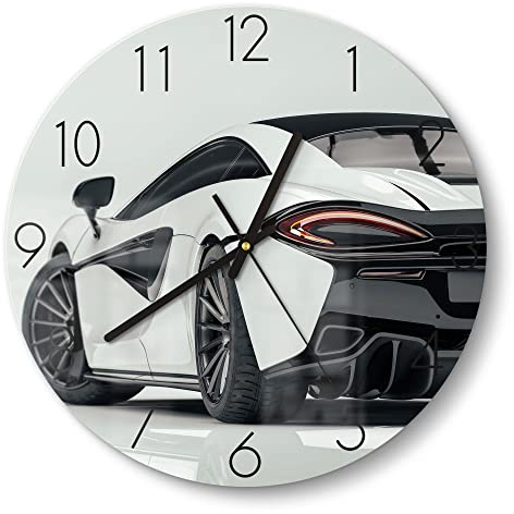 DEQORI Glasuhr | rund Ø 30 cm | Motiv Sportliches Auto | ausgefallene leise Design Uhr aus Glas | Wanduhr für Wohnzimmer & Küche | moderne Hingucker Uhr für die Wand