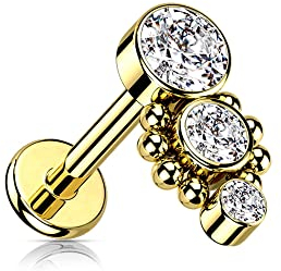 Treuheld® Labret Piercing mit 3 Kristallen und Verzierung | Größe: 1.2mm x 8mm | Farbe; Gold