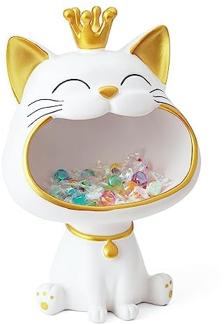 Efugadeng Glückskatze Statue Lagerung Box,Lachende Katze Schmuck Schlüssel Aufbewahrungsbox,Katze Figur Schmuck Tablett,Große Katzen-Skulptur-Statuegeeignet für Zuhause, Büro-Dekoration (Weiss)