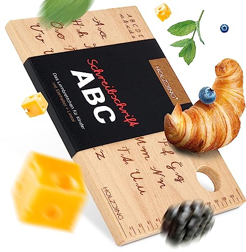 HOLZDING® Lern-Brettchen mit Eierhalter, Lineal, Geschenkidee für Kinder (ABC-Schreibschrift)