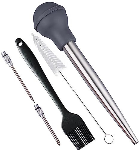 SPUVGVC Turkey Baster with Cleaning Brush &BBQ Brush&Marinade Needles, Baster Syringe for Cooking, Stainless Steel Turkey Baster with Silicone Bulb, Baster for Home Baking&Kitchen Grey