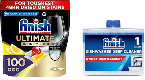 Bundle of Finish Ultimate Infinity Shine Dishwasher Tablets Bulk, Scent : Lemon, Size : 100 Dishwasher tabs + Finish Dishwasher Cleaner Twin Pack, Original, Pack of 2, 2 x 250 ml
