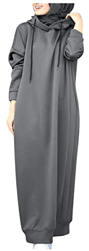 LOIJMK Långtröja dam muslimer långärmad klänning lösa långärmade tröjor islamiska kläder klänning enfärgad huvtröja damklänning mode tröja rockar kvinnor bekväm muslim pullover ytterkläder