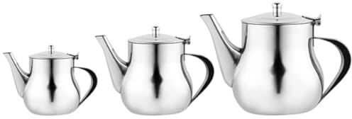 Set de 3 Tetera para te marroqui realizada en Acero Inoxidable Decorada con Filtro Integrado Tradicional Modelo Grabado con Diseño Clásico Arabe Hecho a Mano Plateada 24oz, 18oz, 13oz