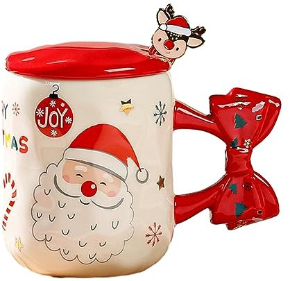 450ml/15oz Natale farfalla cravatta con coperchio tazza di ceramica coppia Natale cartone animato tazza di caffè per ufficio casa-Babbo Natale