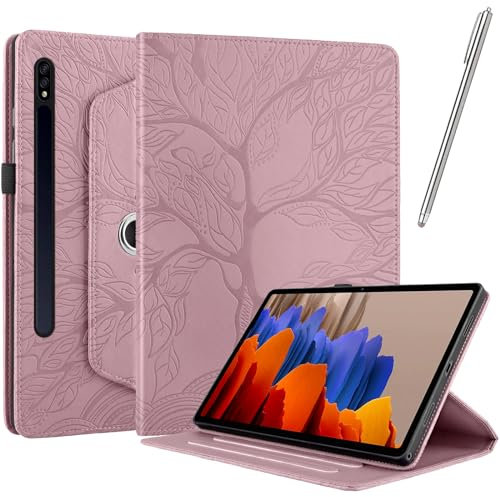 Netany Coque pour Samsung Galaxy Tab S9 2023/ S8 2022/ S7 2020 11 Pouce, Étui Cuir PU Housse de Protection Flip avec [Stylet] Fonction Support Antichoc Étui Rotatif à 360° - Or Rose