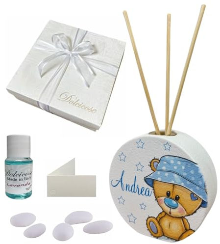 Regalami.shop bomboniera Battesimo orsetto personalizzato diffusore in marmo di Carrara con scatola, confetti alla mandorla, essenza, nastro in organza e bigliettino personalizzato (orsetto, 1)