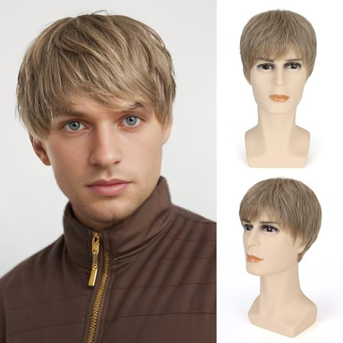 FAELBATY kurz Blonde perücke für Männer Realistische Natürliche Männliche Seitenteil Schichtes Kostüm Party Tägliches Haar Synthetische Perücke