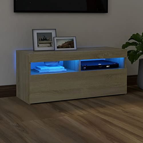 TJROO TV-Schrank mit LED-Lichtern, Sonoma-Eiche, 90 x 35 x 40 cm, mehrschichtiges Holz, Schrank mit LED, für Wohnzimmer, Vitrine