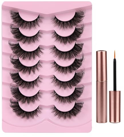 False Eyelashes with Glue Cat Eye Lashes Fluffy Wispy Strip Lashes 7 Pairs Natural Eyelashes with Eyelash Glue