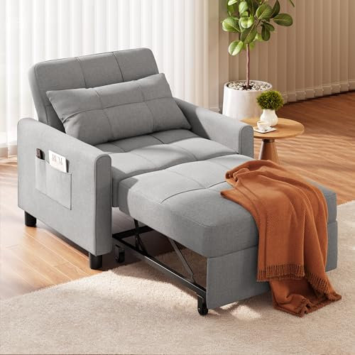 Ahomly Schlafsofa umwandelbarer Schlafsessel mit 3-in-1-Design, verstellbarer Rückenlehne und Aufbewahrungstasche für Wohnzimmer (Hellgrau)