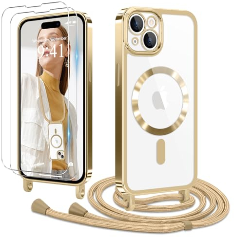 Ethanger Handyband für iPhone 15 Hülle mit Band + 2 Stück Glas Schutzfolie Silikon Transparent Handyhülle Magnetische Schutzhülle zum Umhängen Kordel für iPhone 15 Gold