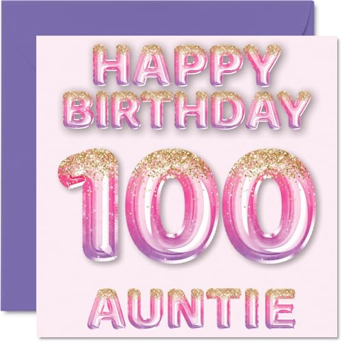 100th Birthday Card for Auntie - Pink & Purple Glitter Balloons - Happy Birthday Cards for 100 Year Old Aunt Aunty from Nephew Niece, 145mm Bday Greeting Cards Gift