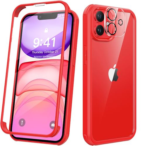 Kmofizle 360 Grad für iPhone 11 Hülle mit Eingebaut Glas Schutzfolie und Kameraschutz, Stoßfest Stoßfänger Fullbody Handyhülle für iPhone 11 (6.1 Zoll) (Rot)