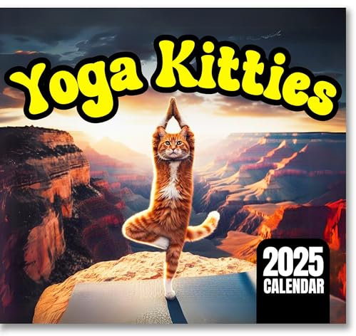 Wandkalender 2025, lustige Katzen-Themen-Geschenke mit lustigen Katzen, die Yoga an schönen Orten machen, 12-Monats-Wandkalender