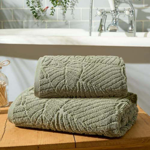 Brentfords Bathroom Towels Green, Embossed Leaf Ultra Soft Feel Hand Towels 100% Cotton Highly Absorbent Hand Towels for Kitchen First Home Essentials Towel Pack, 2 Piece