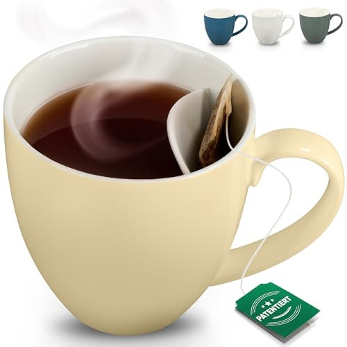 Neighbour's Friend Patentierte Teetasse beige mit Beutelablage I Keramik Tasse groß 325ml I Teebecher Steingut I Keramiktasse für Tee I Spülmaschinengeeignet Teetassen I Modernes Design für Teetrinker