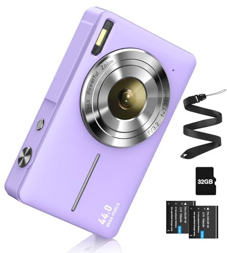 Fotocamera digitale 44 MP FHD 1080p fotocamera digitale con scheda 32 G con batteria semplice portatile 16 X fotocamera digitale per bambini adolescenti studenti anziani principianti (viola)