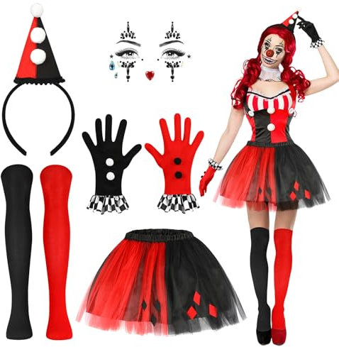 5 STK Halloween Clown Kostüm Damen, Harlekin Hut Haarreif Strasssteine Gesicht Handschuhe Strumpfhose Tütü Rock, Harlekin Halloween Kostüm Damen Clown Accessoires für Karneval Cosplay Mottoparty